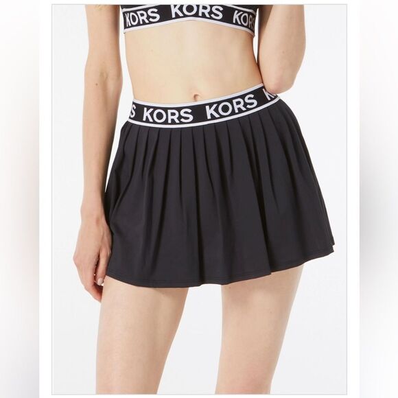 Michael Kors Pleated Swim Skirt Logo Elastic Waist Black White Medium NEW $94 - Picture 1 of 12